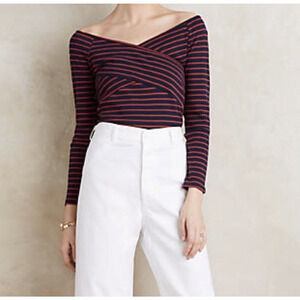 Deletta Striped Top Womens M Medium Ribbed Knit Wrap Off Shoulder Stretch Shirt